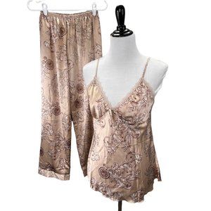 Y2K Pajama Set Satin Pants Cami Top size M Paisley Vines Champagne Tan